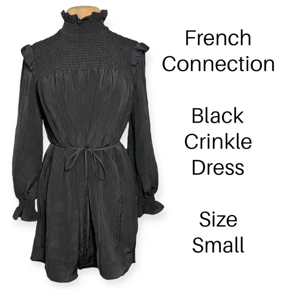 French Connection black boza crinkle dress long sleeve mock neck smocked CBK - Picture 4 of 10